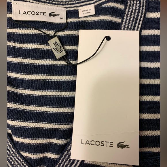 New Lacoste women V-neck wool blend striped sweater in navy blue & white size 36 - Picture 11 of 12